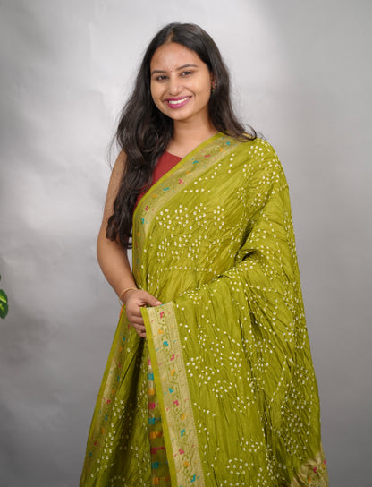 Olive Green Handcrafted Pattern Bandhani Paithani Dola Silk Saree | Looms & Tassels