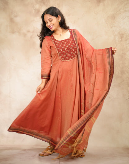 Peach Ajrakh Patch Work Narayanpet Cotton Anarkali Dress with Narayanpet Dupatta | Looms & Tassels
