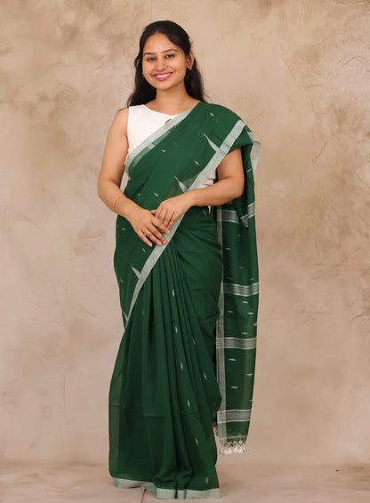 Bottle Green Malai Cotton Saree with Butta Weaving | Looms & Tassels