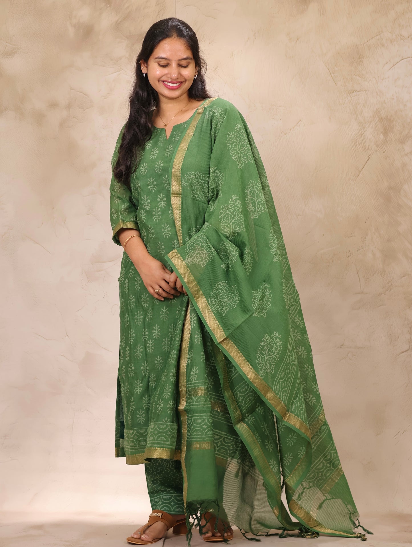 Green Handblock printed Pure Maheswari Silk 3 piece suit (stitched)
