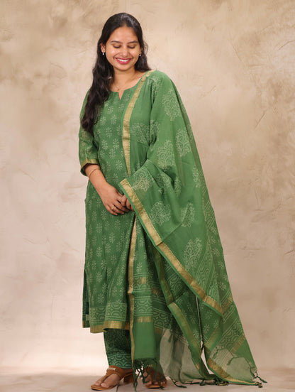 Green Handblock printed Pure Maheswari Silk 3 piece suit (stitched)