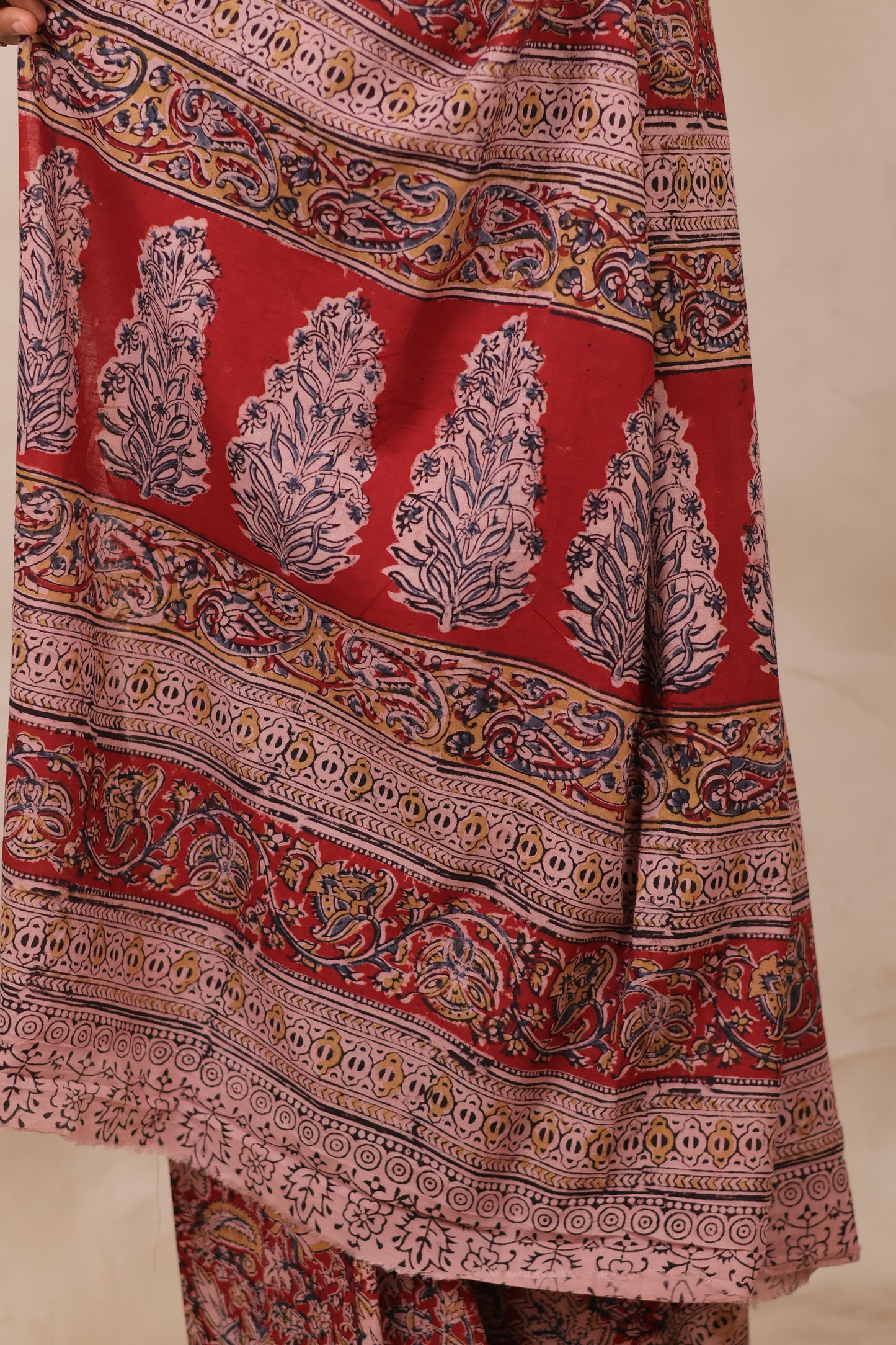 Red Hand Block Printed Kalamkari Cotton Saree | Looms & Tassels
