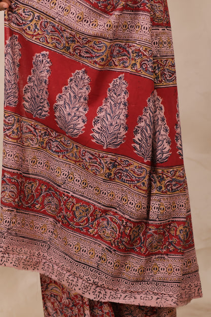 Red Hand Block Printed Kalamkari Cotton Saree | Looms & Tassels