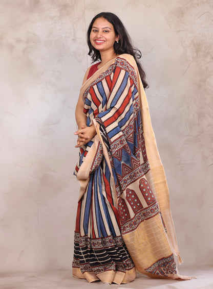 Cream Ajrakh Hand Block Printed Mangalagiri Cotton Saree | Looms & Tassels