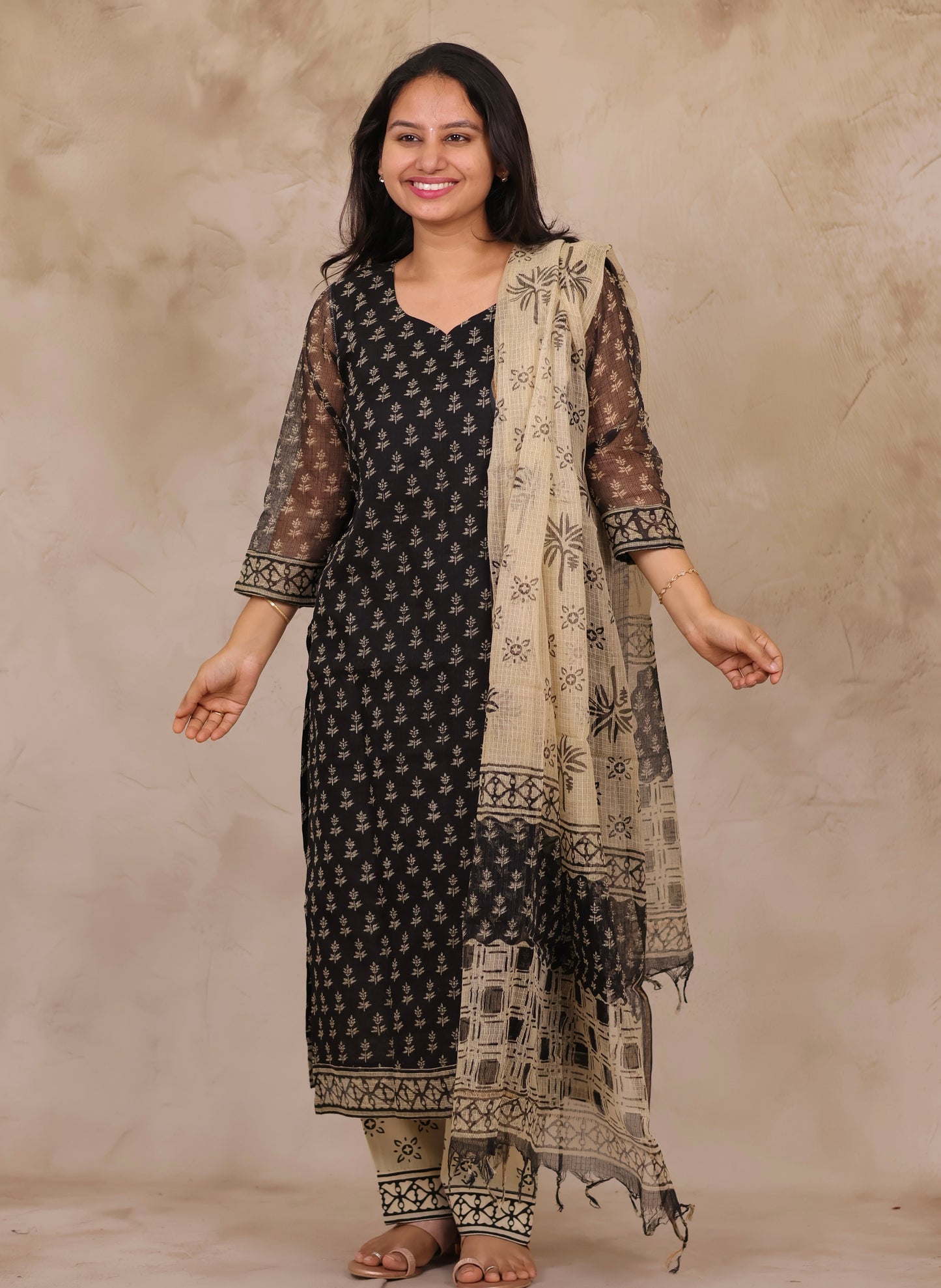 Black Handblock printed kota 3 piece suit (stitched)