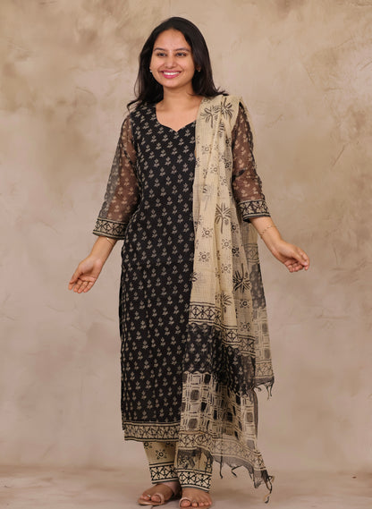 Black Handblock printed kota 3 piece suit (stitched)