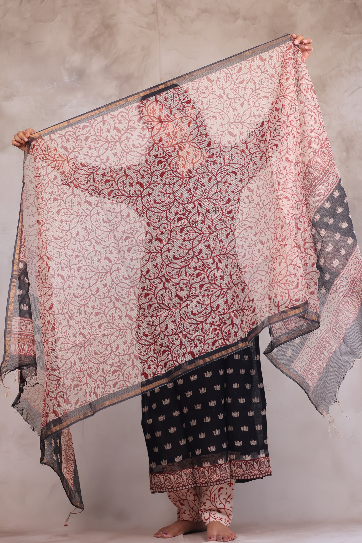 Black Handblock printed kota 3 piece suit (stitched)