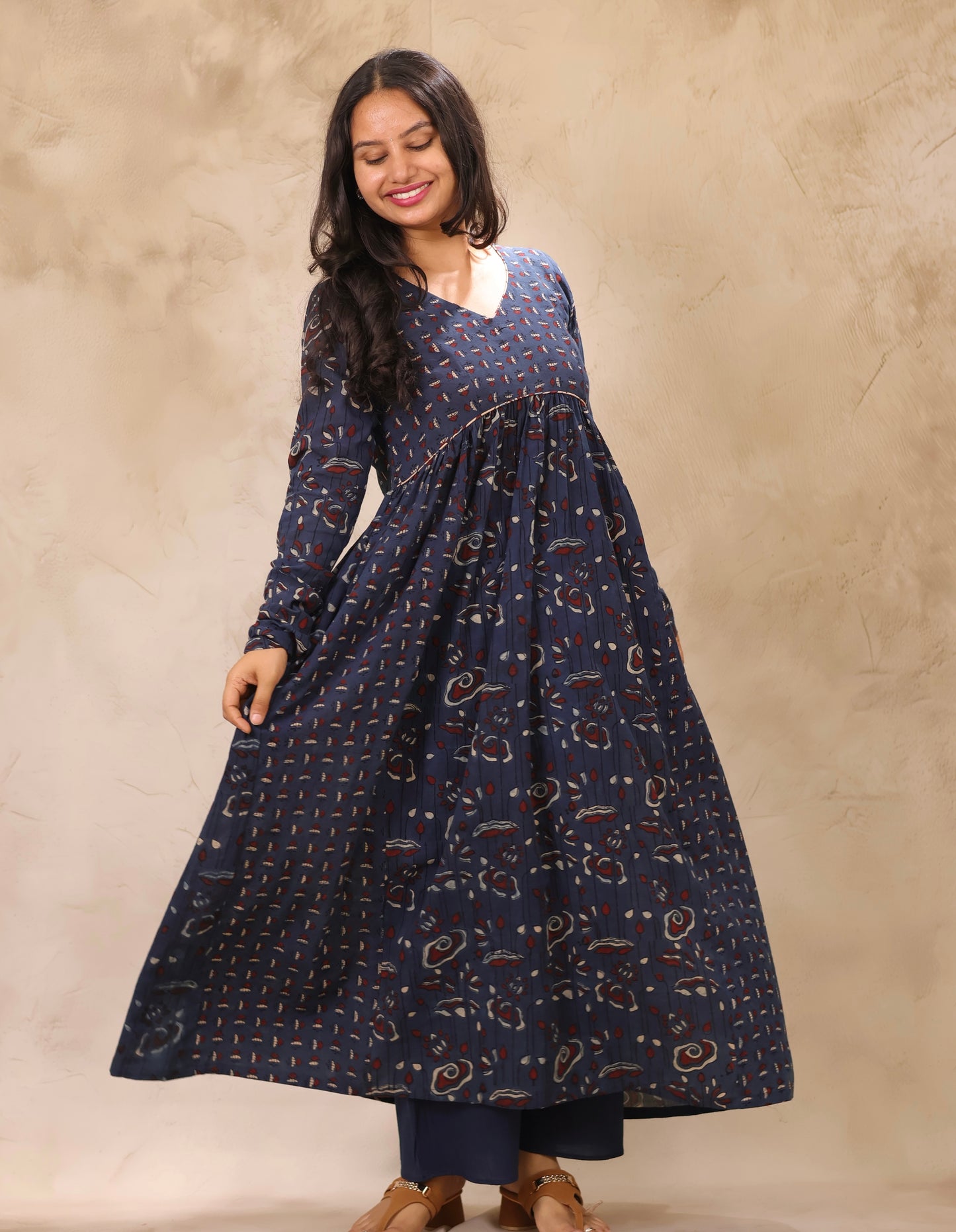 Indigo Ajrakh Hand Block Printed Pure Mul Cotton Aline Kurta | Looms & Tassels