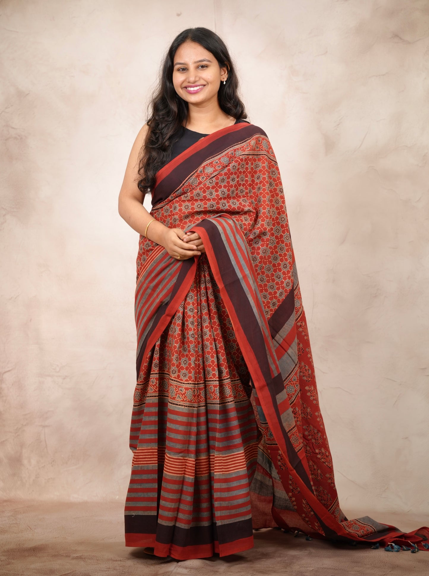 Red Ajrakh Hand Block Printed Cotton Saree | Looms & Tassels