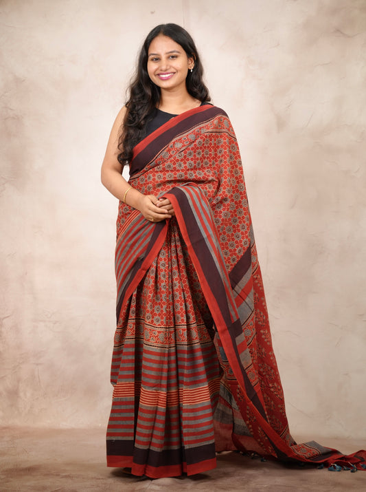 Red Ajrakh Hand Block Printed Cotton Saree | Looms & Tassels
