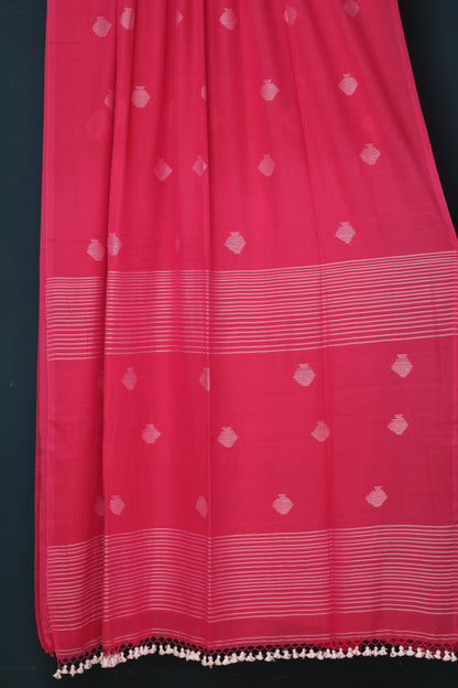 Pink Pure Handwoven Malai Cotton Saree with Butta Weaving