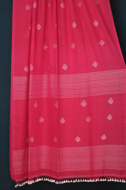 Pink Pure Handwoven Malai Cotton Saree with Butta Weaving