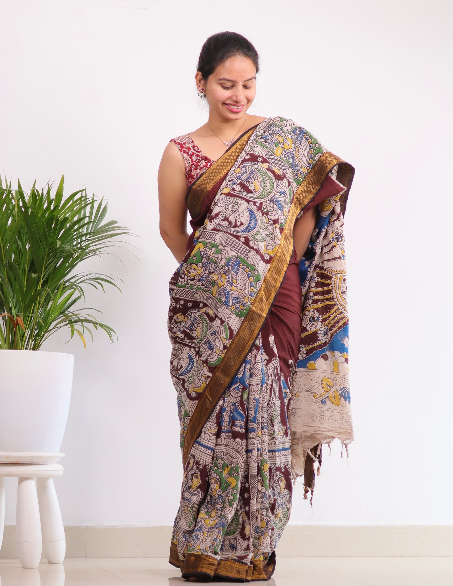 Brown Nizam Border Kalamkari Silk Saree