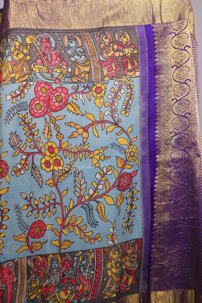 Blue Kanchi Pattu Hand Painted Pen Kalamkari Saree