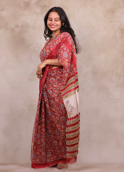 Red Chiffon Hand Block Printed Saree | Looms & Tassels