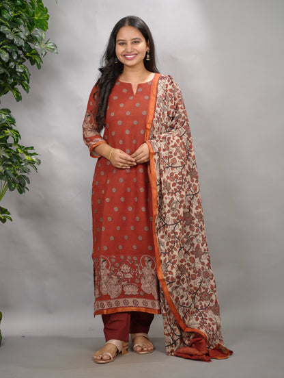 Maroon Kalamkari Kota Cotton 3 piece suit (stitched) | Looms & Tassels