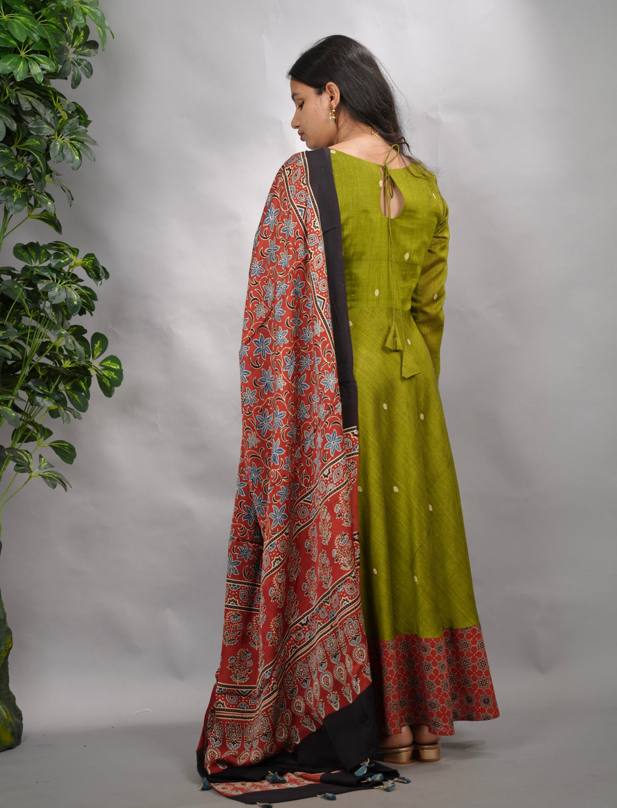 Parrot  Green Ajrakh Patch Work Narayanpet Cotton Anarkali Dress with Ajrakh Modal Silk Dupatta | Looms & Tassels