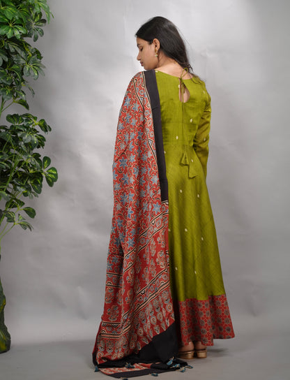 Parrot  Green Ajrakh Patch Work Narayanpet Cotton Anarkali Dress with Ajrakh Modal Silk Dupatta | Looms & Tassels