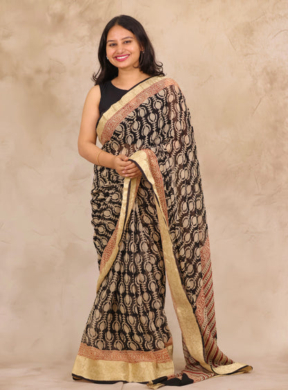 Black Chiffon Hand Block Printed Saree with Jari Border | Looms & Tassels