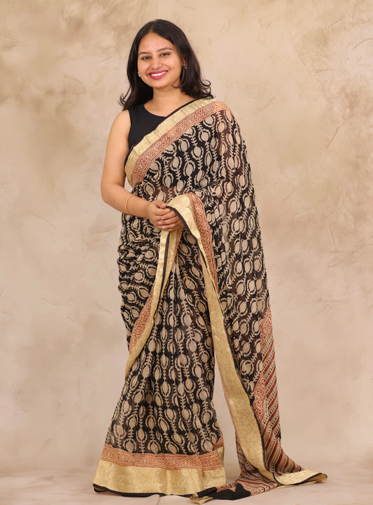 Black Chiffon Hand Block Printed Saree with Jari Border | Looms & Tassels