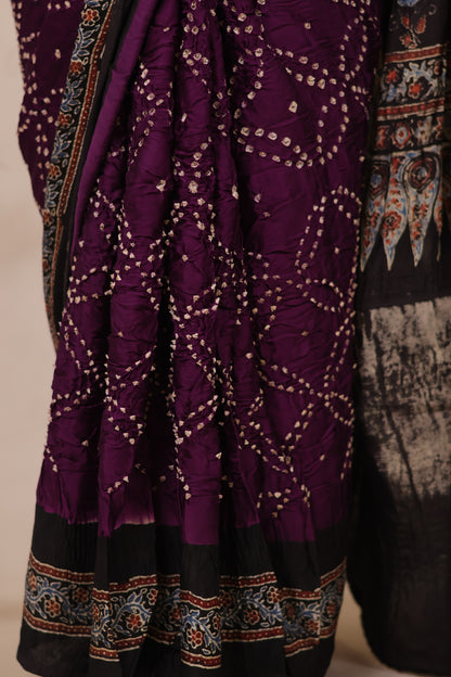 Jamun Hand Knotted Bandhej Arakh Modal Silk Saree with Lagdi Pallu | Looms & Tassels