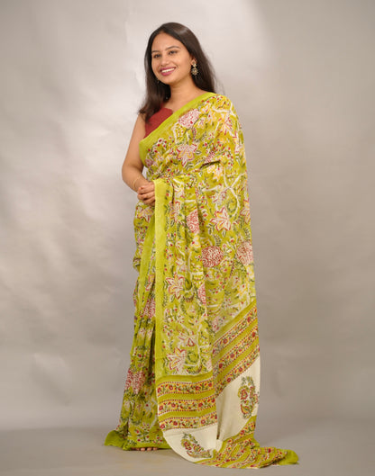 Parrot Green Georgette Hand Block Printed Saree| Looms & Tassels