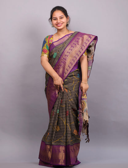 Grey Hand Painted Pen Kalamkari Silk Saree