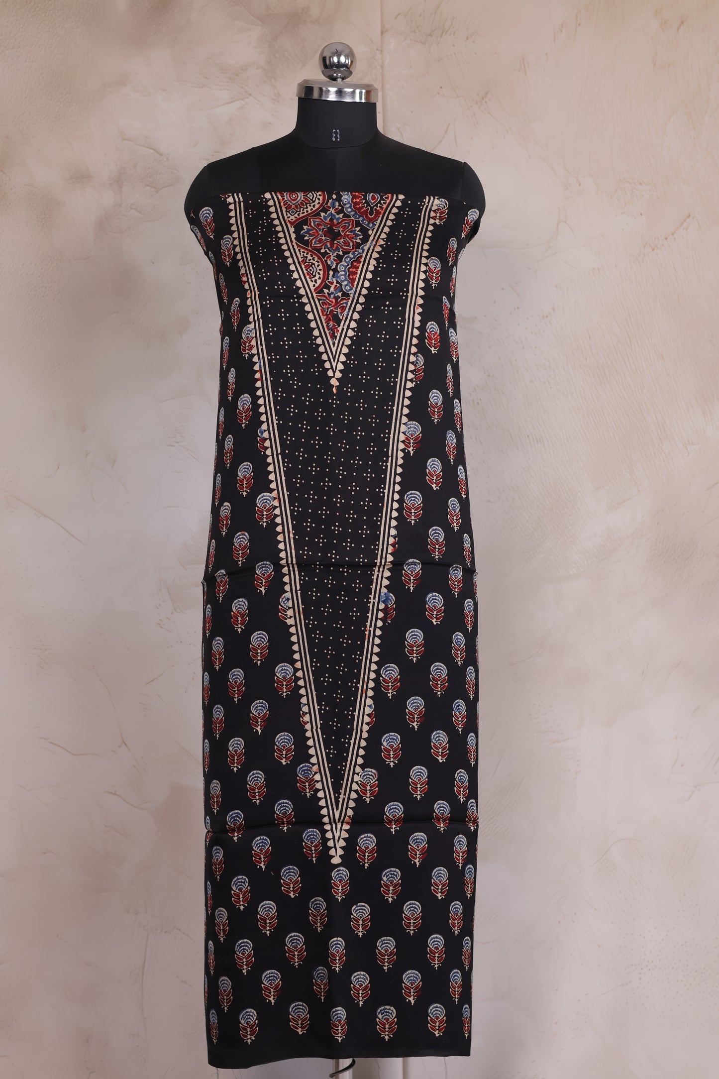 Black Floral Ajrakh Handblock Printed Modal Silk 2 Piece Suit Set | Looms & Tassels