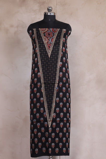 Black Floral Ajrakh Handblock Printed Modal Silk 2 Piece Suit Set | Looms & Tassels