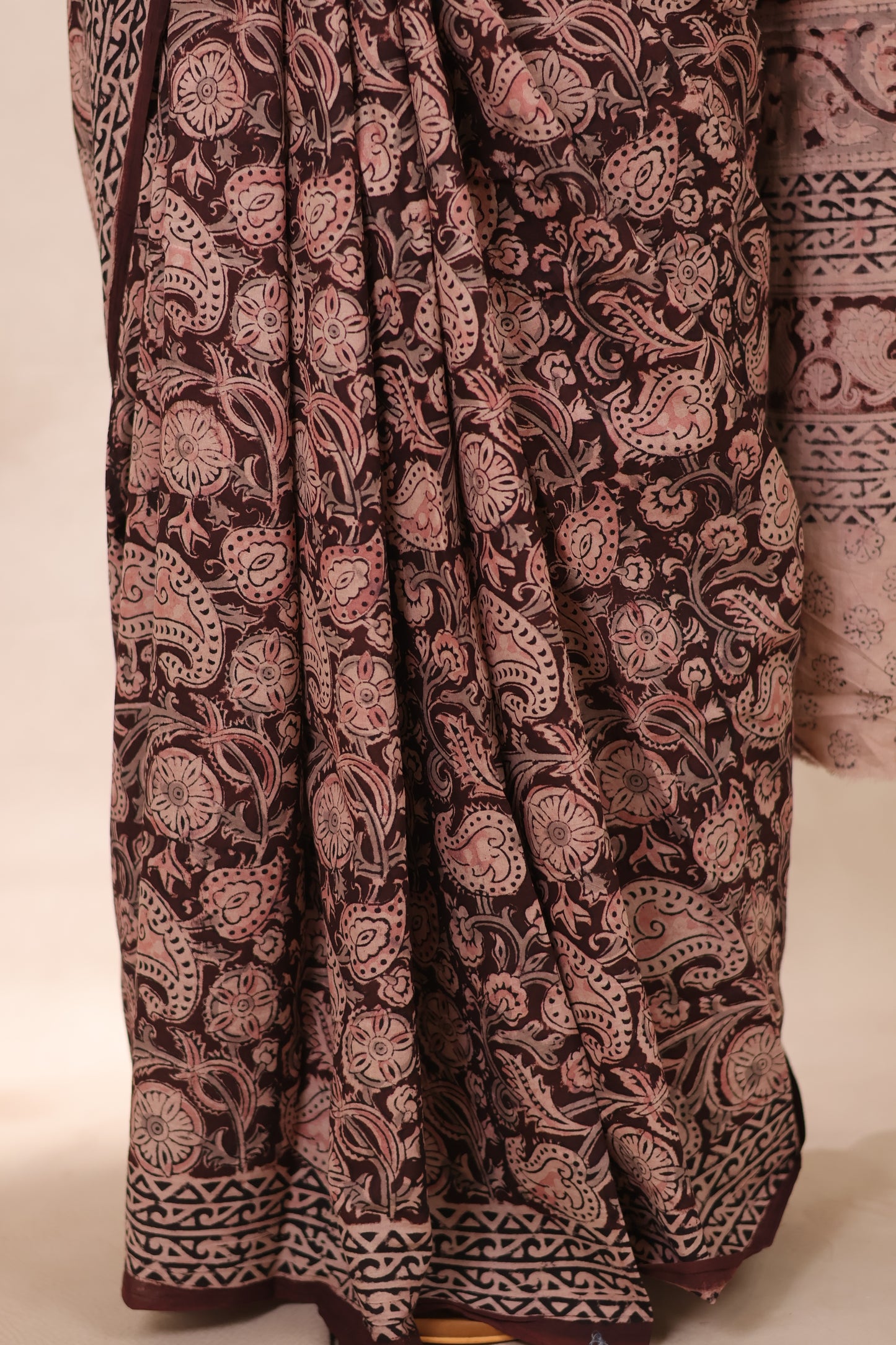 Deep Maroon Hand Block Printed Kalamkari Cotton Saree | Looms & Tassels