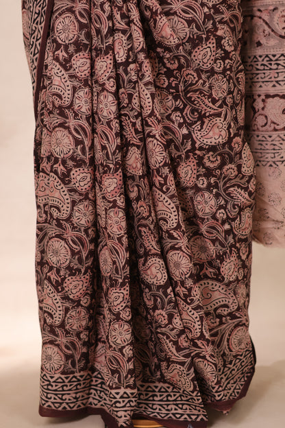 Deep Maroon Hand Block Printed Kalamkari Cotton Saree | Looms & Tassels