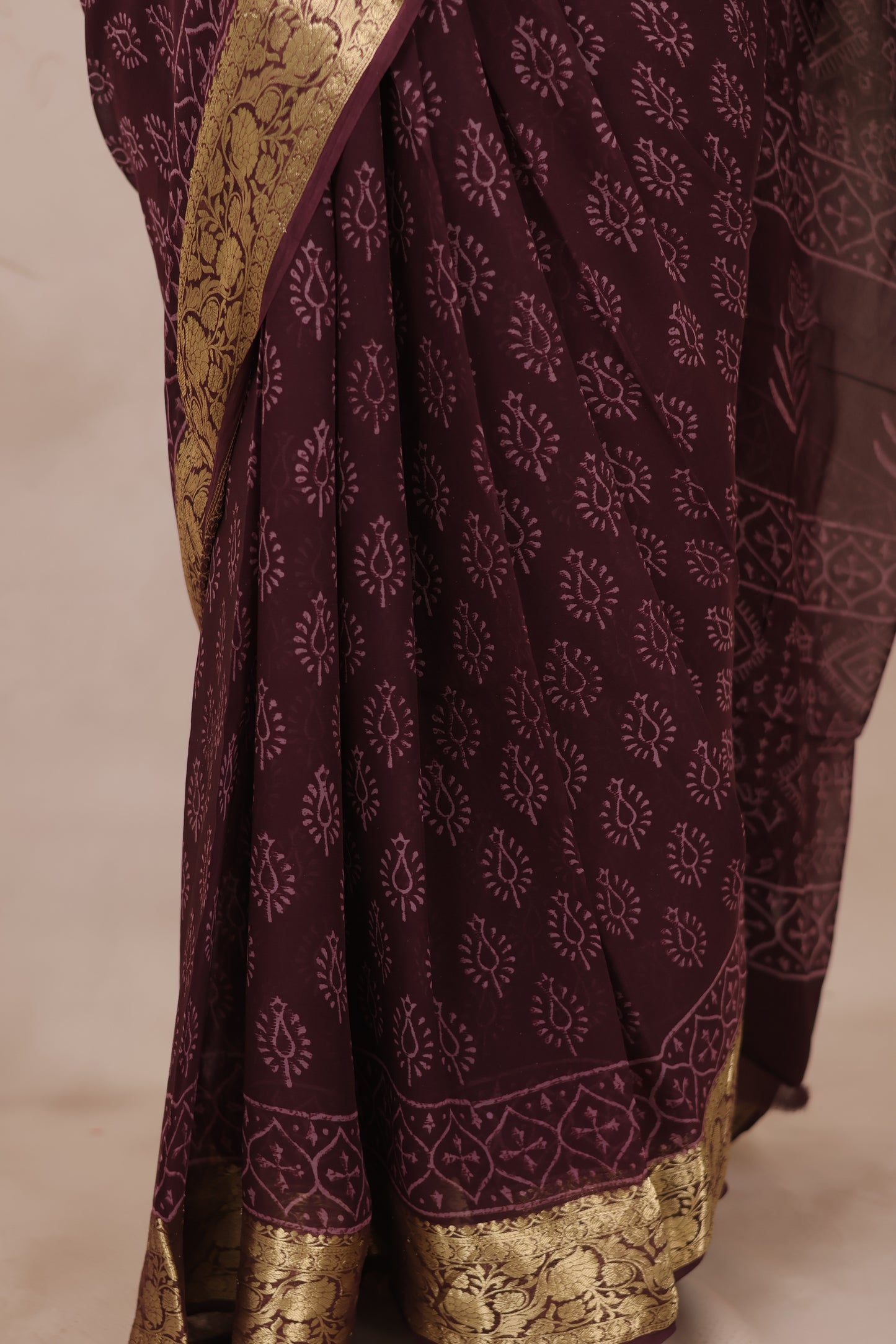 Coffee Brown Chiffon Hand Block Printed Saree with Jari Border | Looms & Tassels