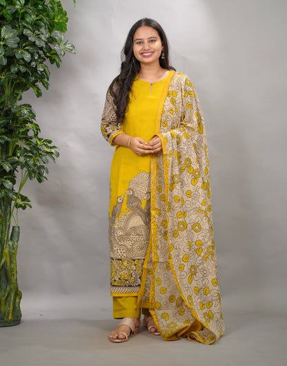 Yellow Kalamkari Kota Cotton 3 piece suit (stitched) | Looms & Tassels