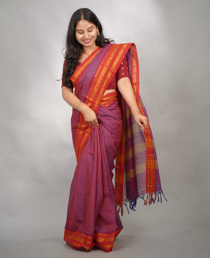 Purple Dual Tone Checks Narayanpet Cotton Saree with Traditional contrast Border | Looms & Tassels