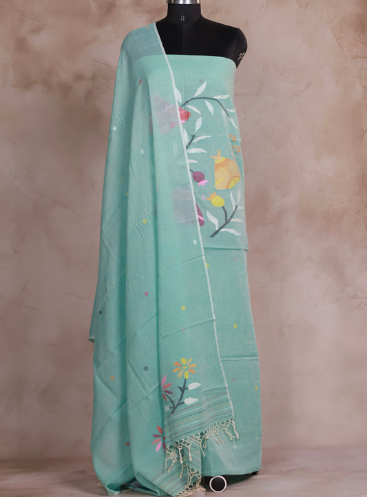 Mint Green Handwoven Jamdhani weaving pure Malai cotton 2 piece suit sets | Looms & Tassels