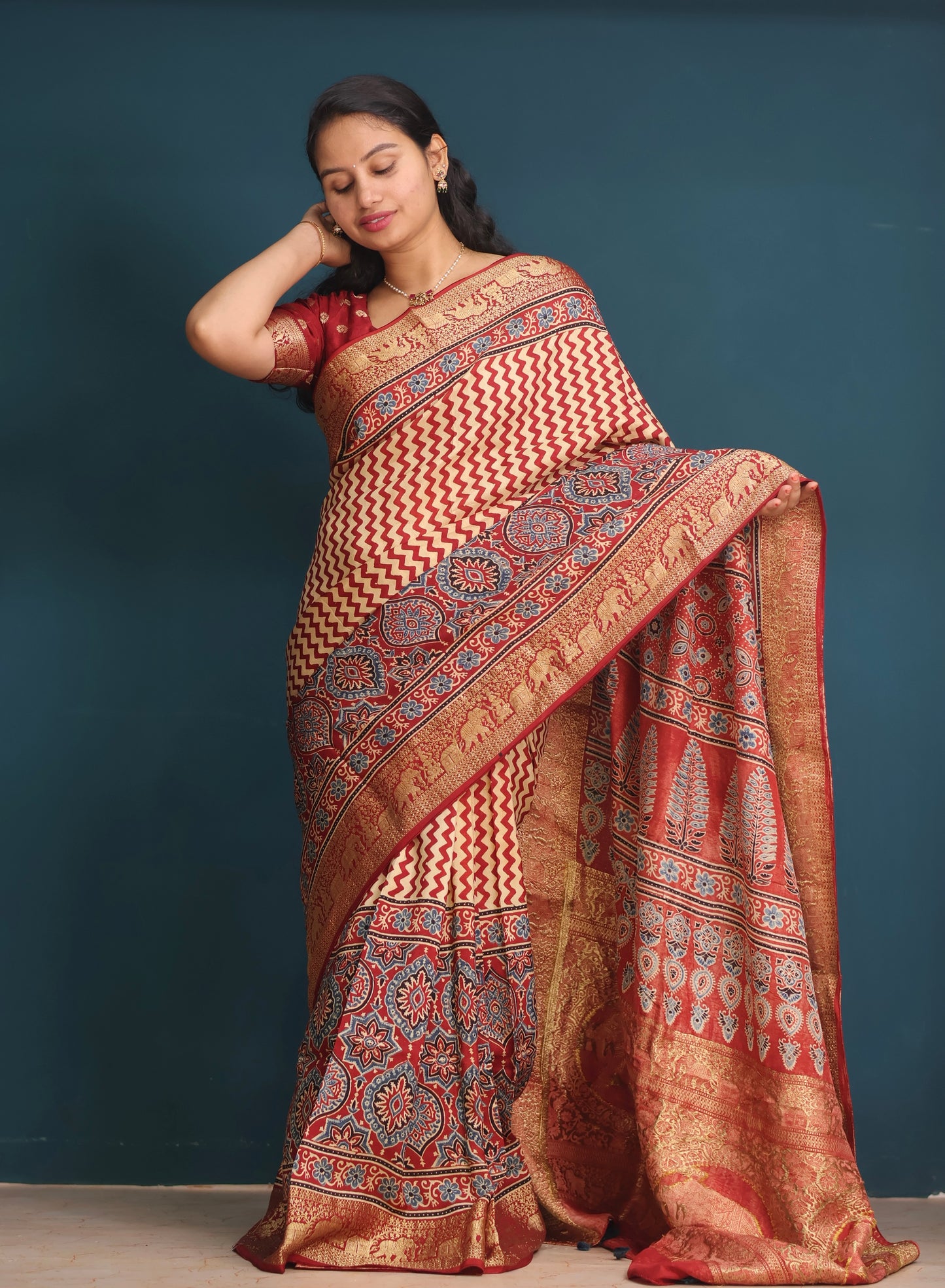 Ajrakh Dola Silk Saree