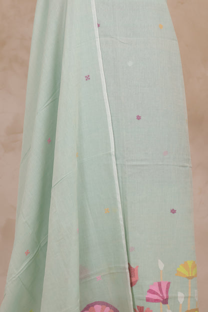 Pastel Green Handwoven Jamdhani weaving pure Malai cotton 2 piece suit sets | Looms & Tassels
