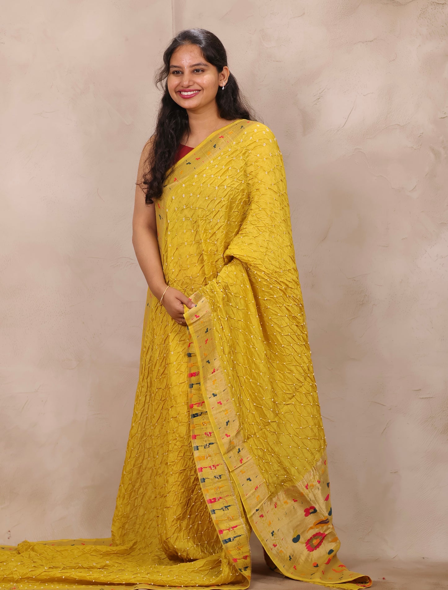 Pastel Yellow Handcrafted Bandhani Paithani Dola Silk Saree | Looms & Tassels