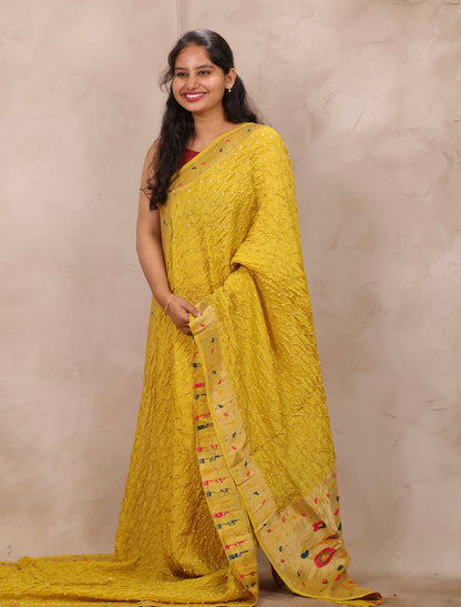 Pastel Yellow Handcrafted Bandhani Paithani Dola Silk Saree | Looms & Tassels