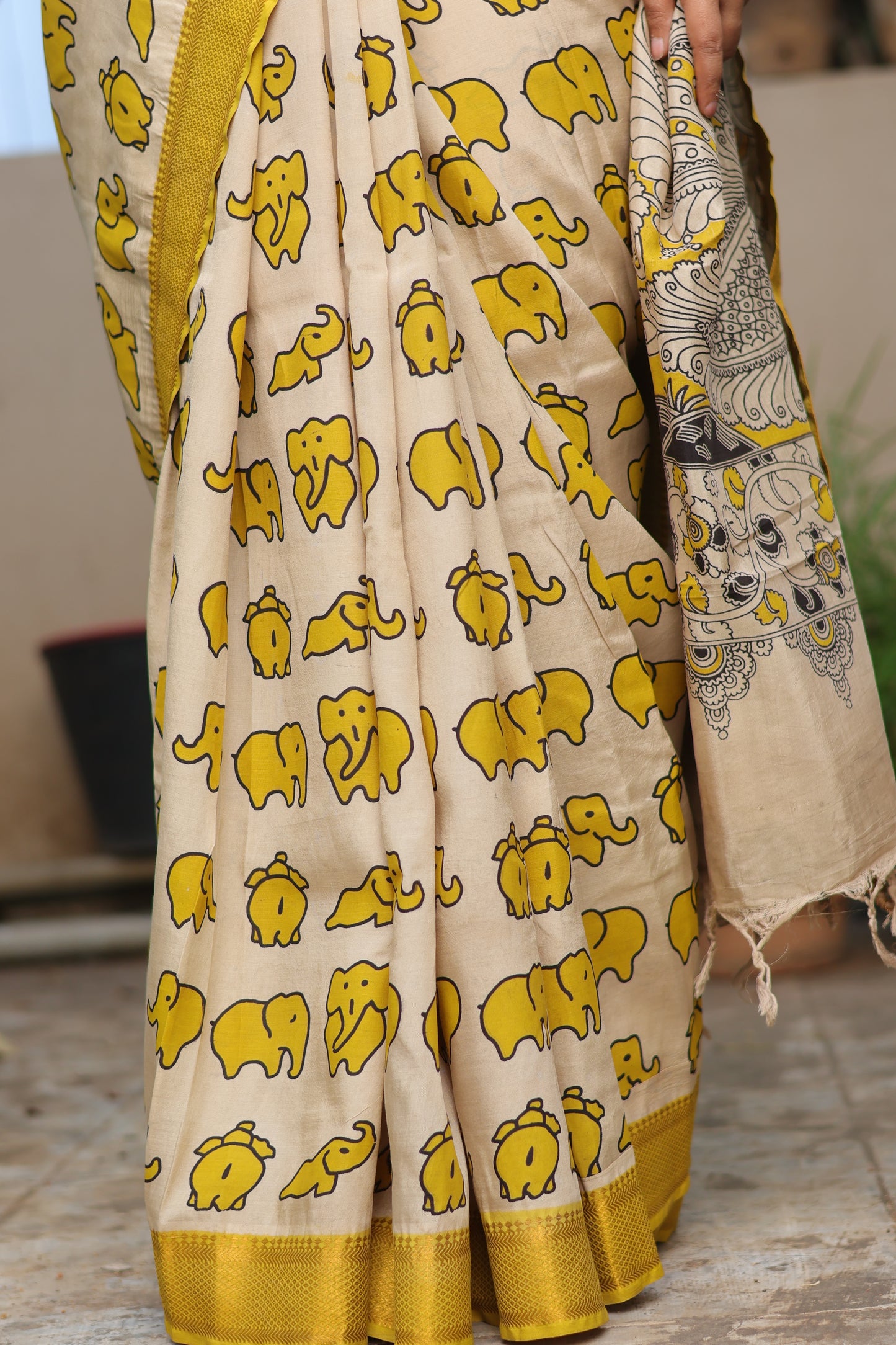 Cream & Yellow Elephant Kalamkari Silk Nizam Border Saree