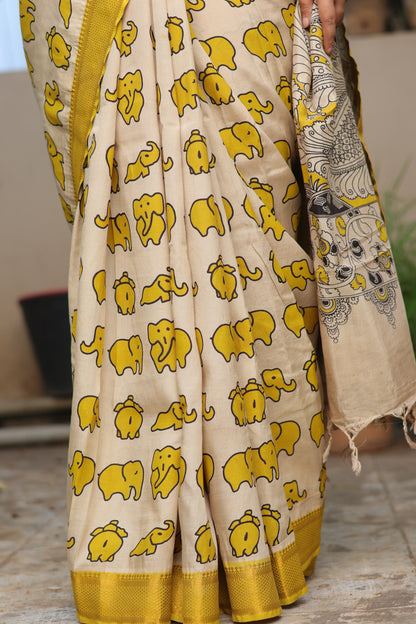 Cream & Yellow Elephant Kalamkari Silk Nizam Border Saree