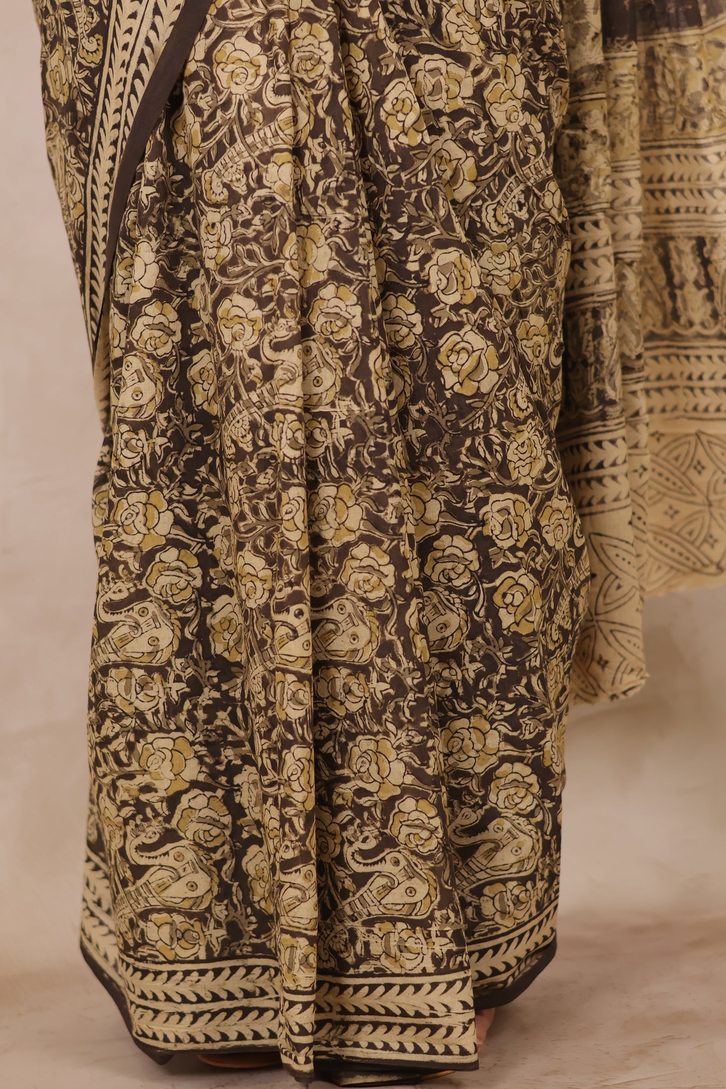 Black Hand Block Printed Kalamkari Cotton Saree | Looms & Tassels
