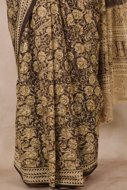 Black Hand Block Printed Kalamkari Cotton Saree | Looms & Tassels