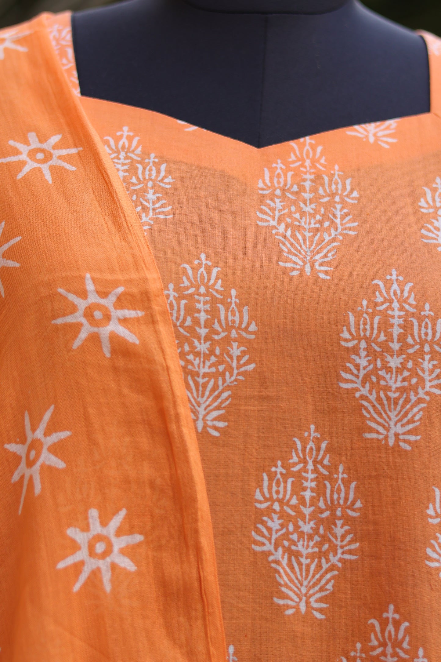 Orange Handblock printed Pure Mul Cotton Sweet Heart Neck with Mul Cotton Duppata 3 piece suit (stitched)