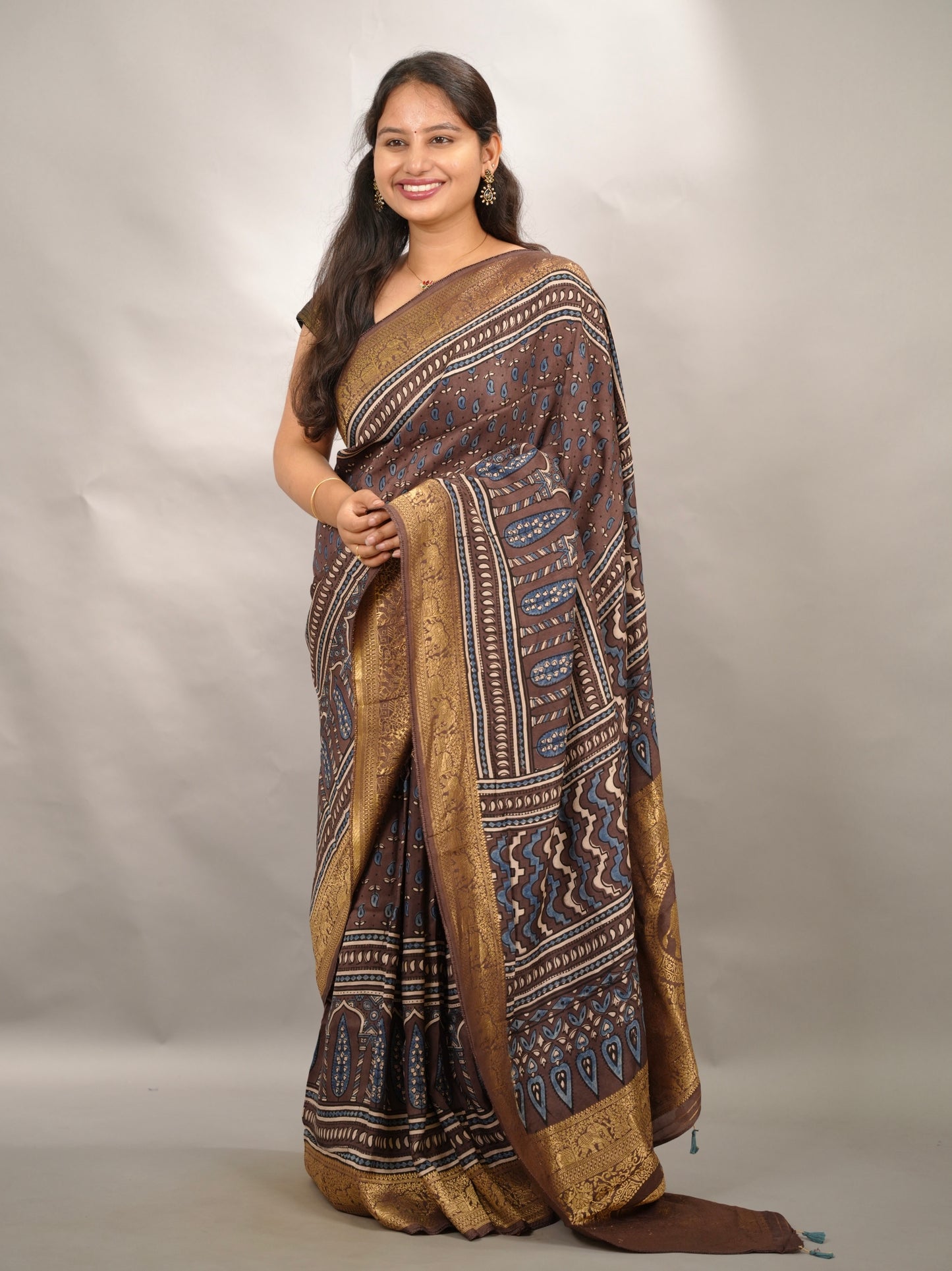 Ajrakh Handblock printed Dola Silk Saree | Looms & Tassels