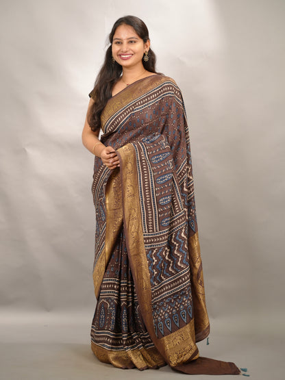 Ajrakh Handblock printed Dola Silk Saree | Looms & Tassels