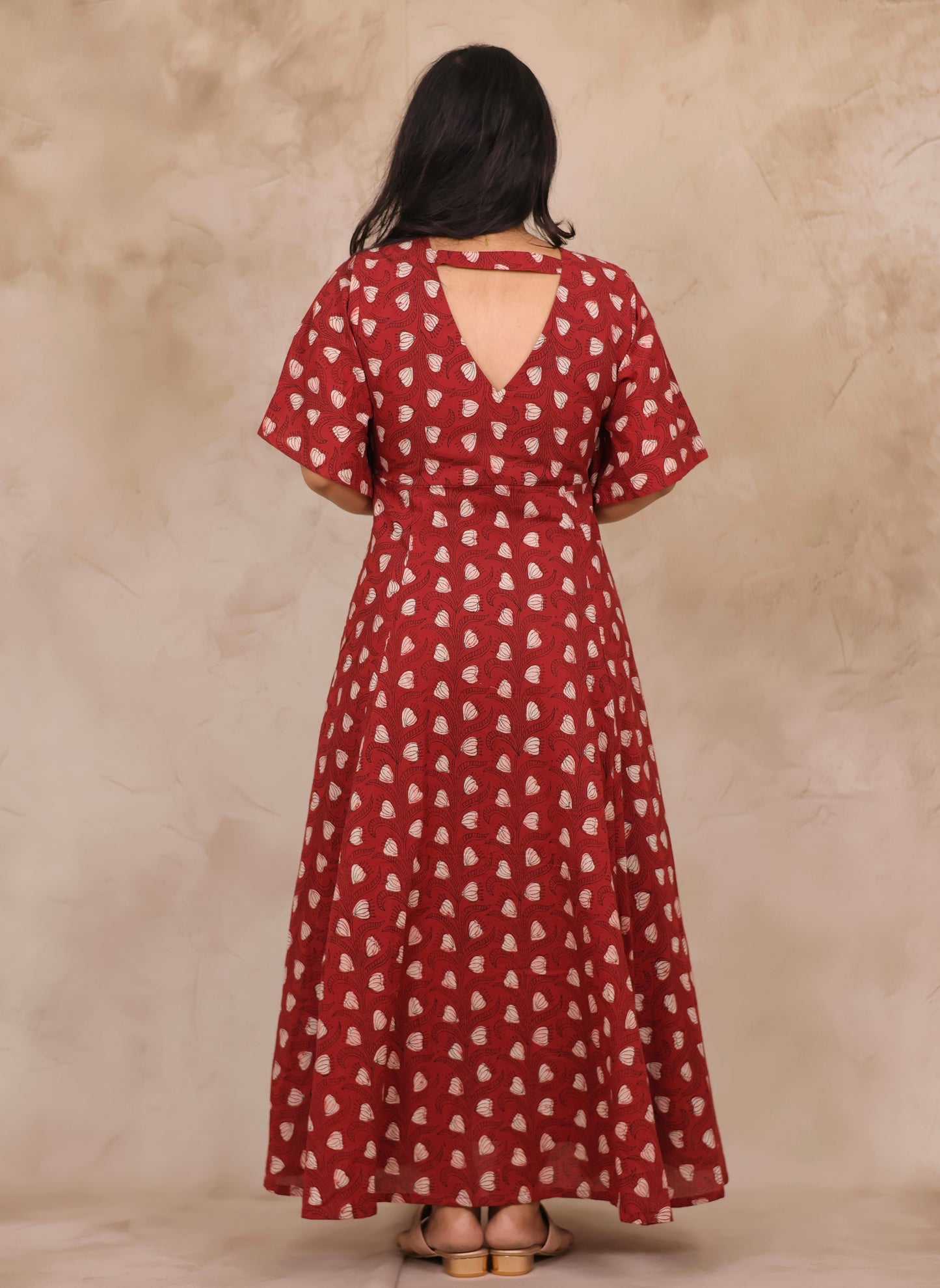 Rust Red Hand Block Printed Pure Mul Cotton Maxi Dress | Looms & Tassels