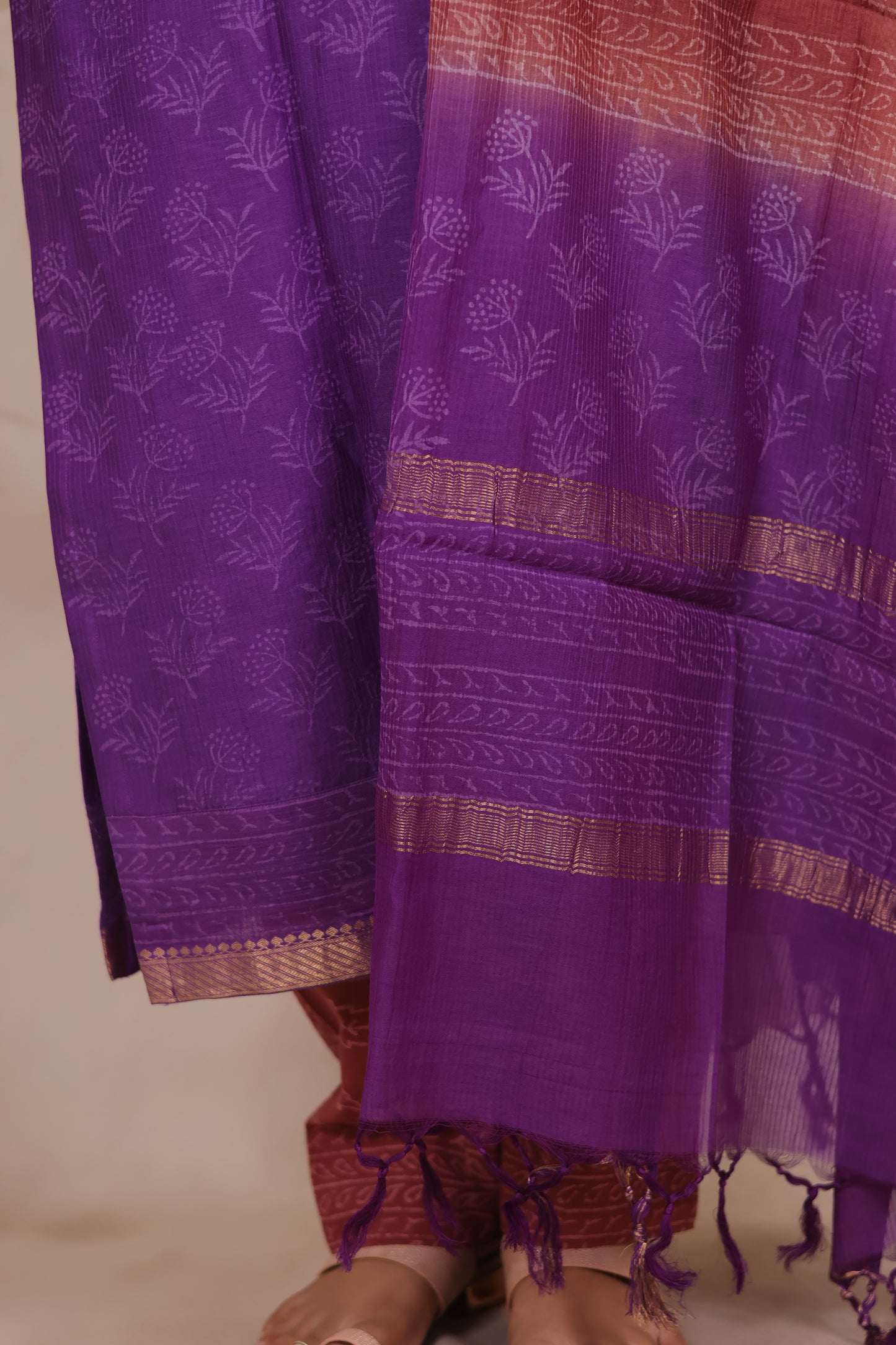 Purple Handblock printed Pure Maheswari Silk 3 piece suit (stitched)