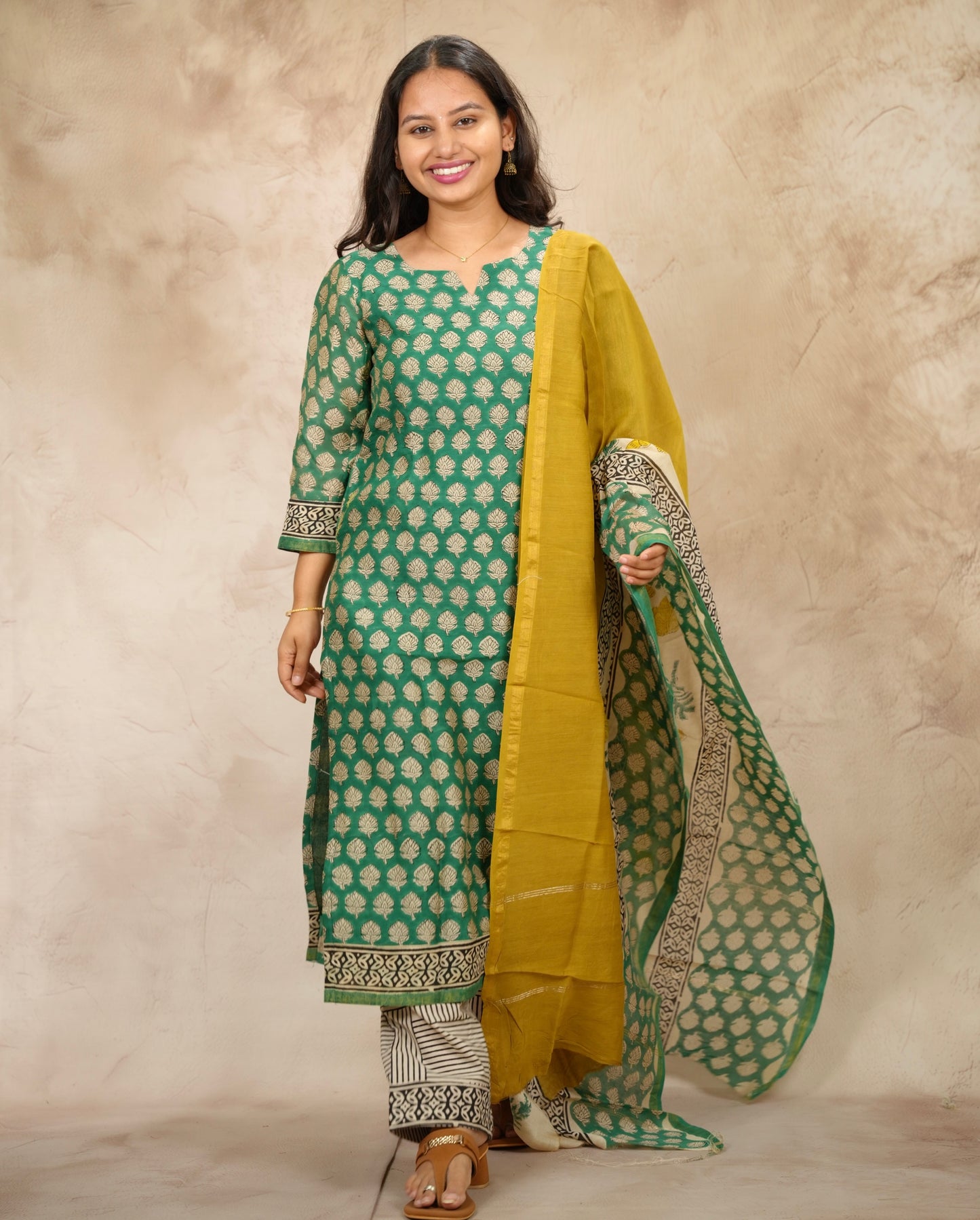 Green Handblock printed Pure Chenderi Silk 3 piece suit (stitched) | Looms & Tassels