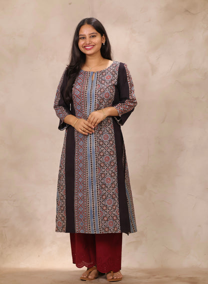 Black Ajrakh Pattern Hand Block printed Aline Kurti | Looms & Tassels
